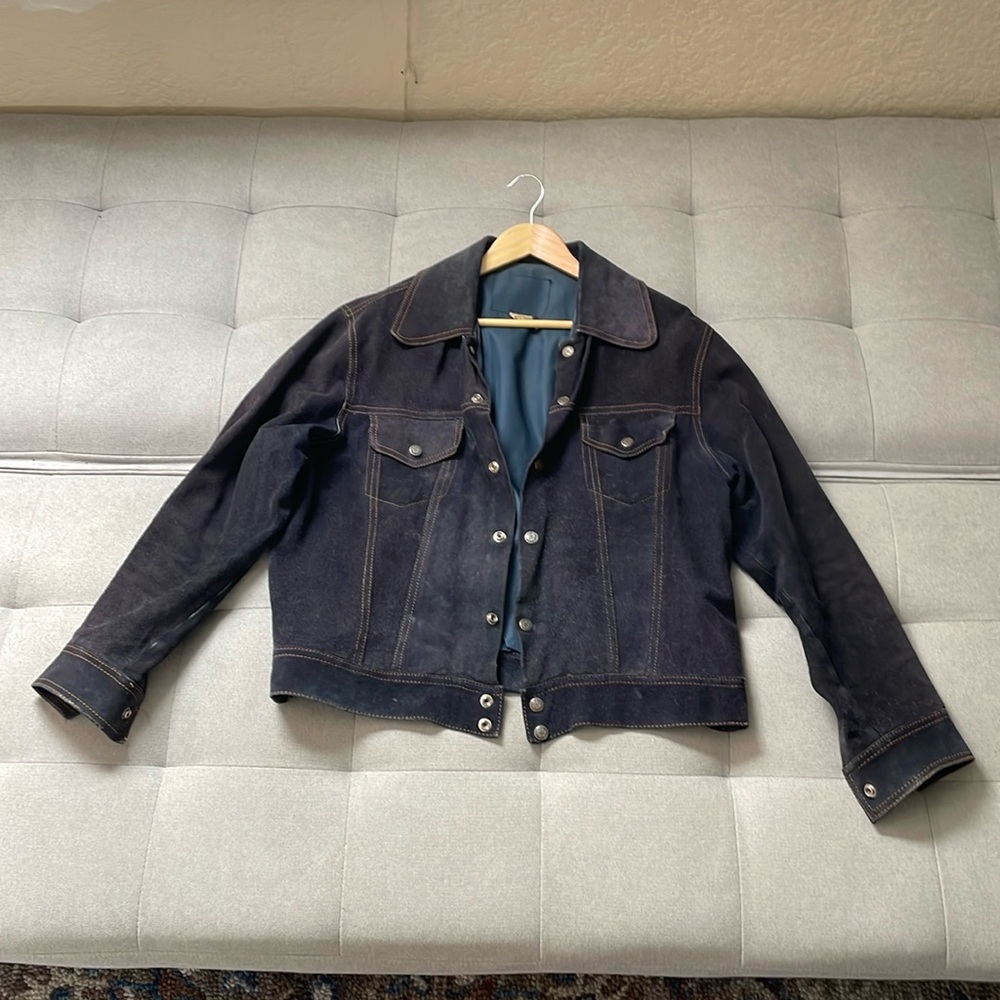 Vintage blue suede jacket with orange stitching size 48 to 50